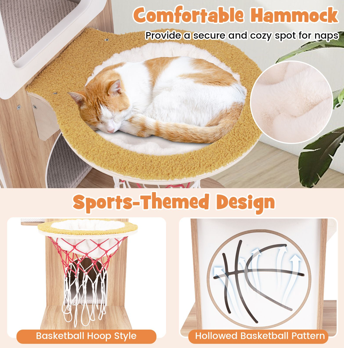 5-Layer Sports-Themed Cat Tower with 2 Cat Condos and Basketball Hoop Hammock