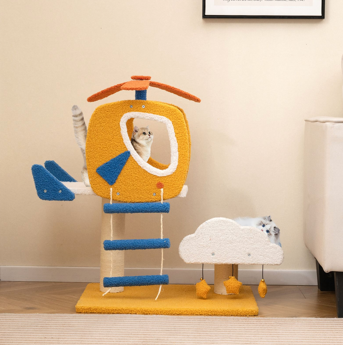 Aviation-themed Cat Tree for Indoor Cats with Helicopter Top Perch