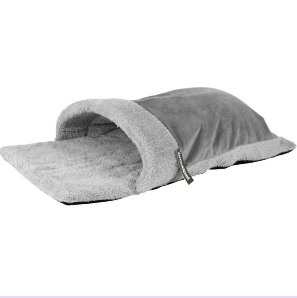 Grey Fluffy Cosy Cat Pouch Bed – Soft Enclosed Snuggle Bed for Cats & Kittens