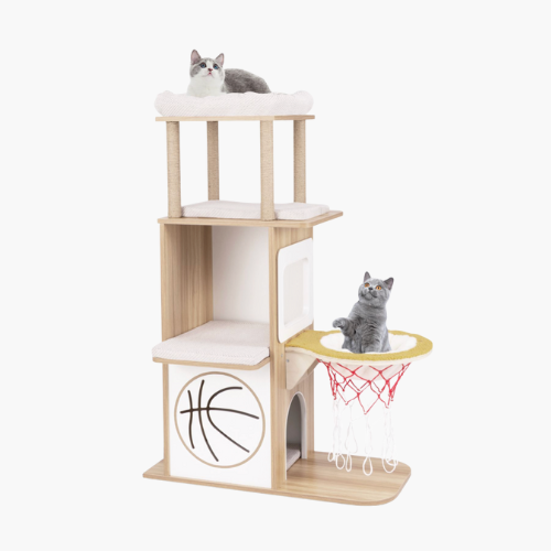 5-Layer Sports-Themed Cat Tower with 2 Cat Condos and Basketball Hoop Hammock