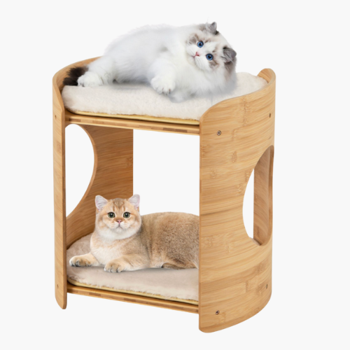 2-Tier Elevated Cat Bed Cat Tower with Natural Bamboo Frame