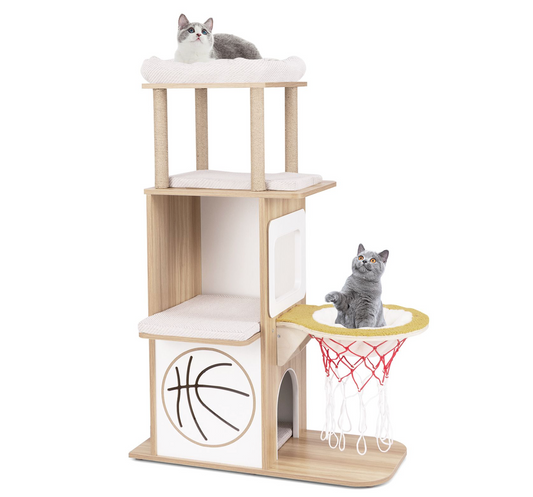 5-Layer Sports-Themed Cat Tower with 2 Cat Condos and Basketball Hoop Hammock