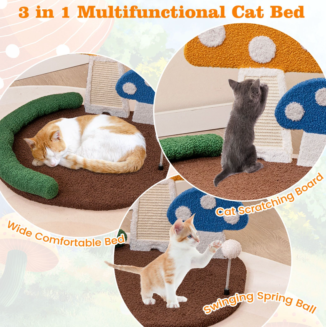 Mushroom Cat Bed with Wide Large Platform and Sisal Scratching Panel