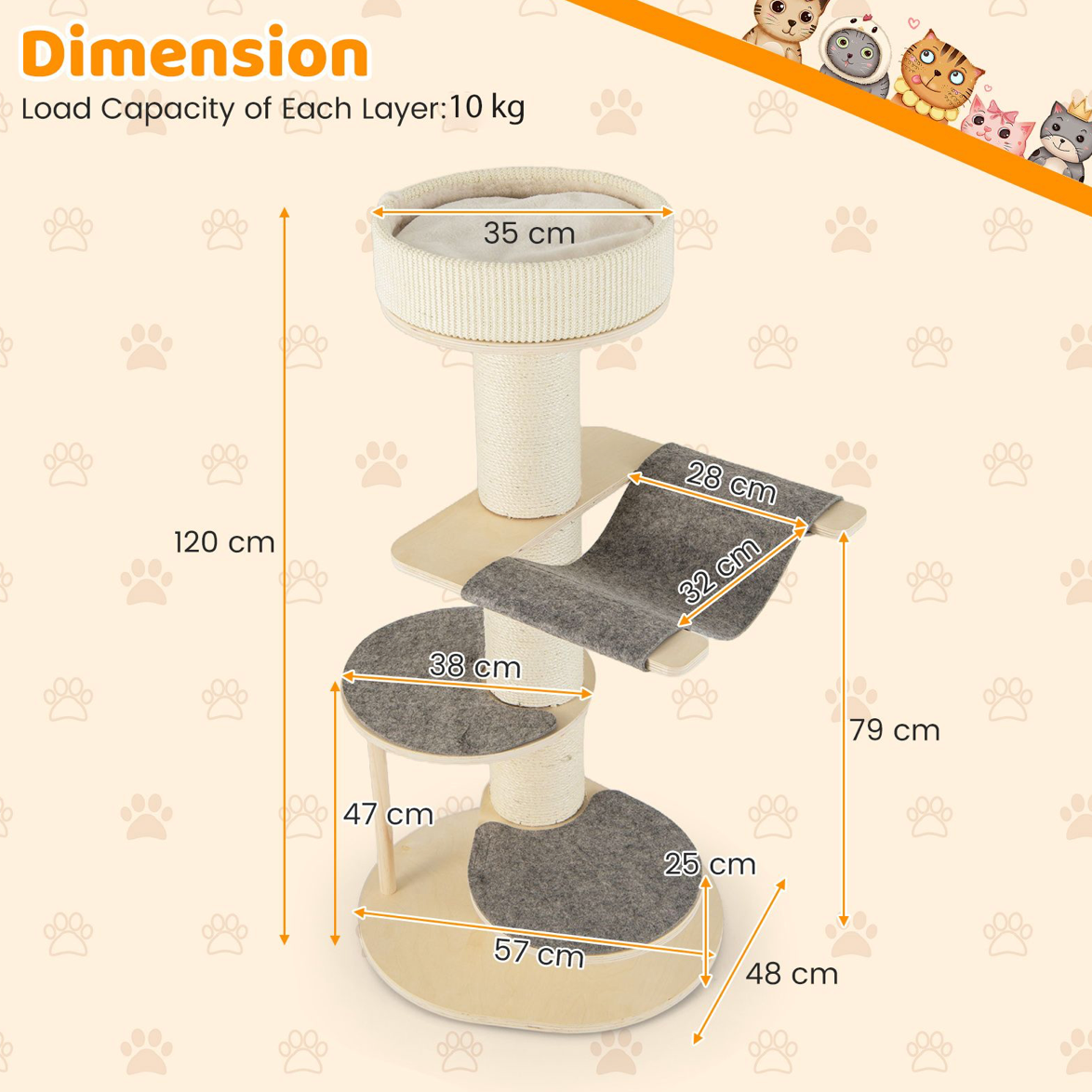 120 CM Multi-layer Cat Tower with Sisal Covered Scratching Posts and Carpet