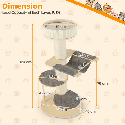 120 CM Multi-layer Cat Tower with Sisal Covered Scratching Posts and Carpet