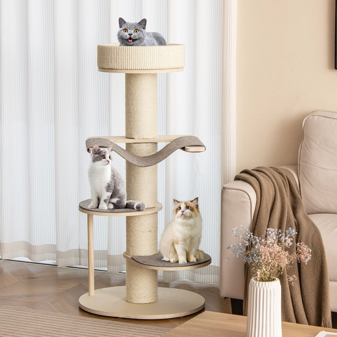 120 CM Multi-layer Cat Tower with Sisal Covered Scratching Posts and Carpet