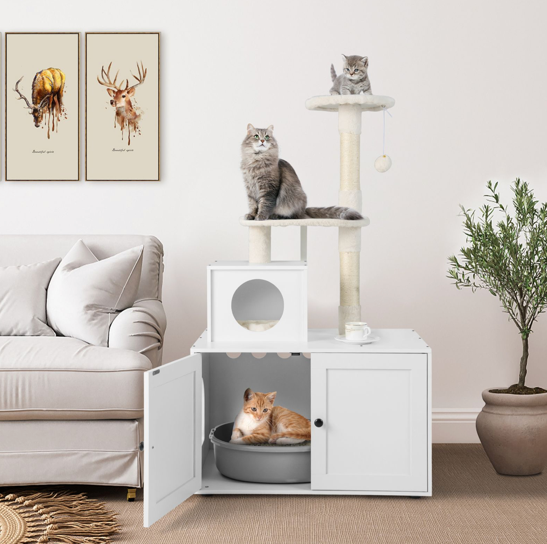 Cat Litter Box Enclosure with Cat Tree and Kitty Condo